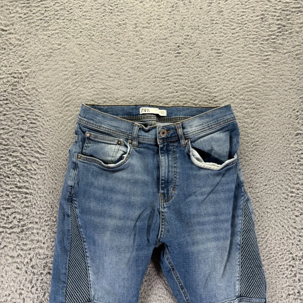 Zara Jeans Mens 31x28 Blue Cotton Denim Skinny Leg Faded Biker Workwear Stretch
